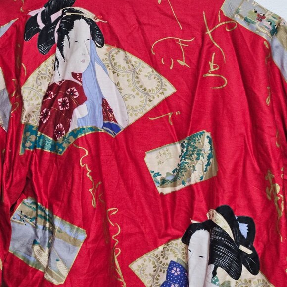 Vintage Red Kimono Robe Japanese Geisha Print Gold Accent Tie Belt Made In Japan - Picture 5 of 7